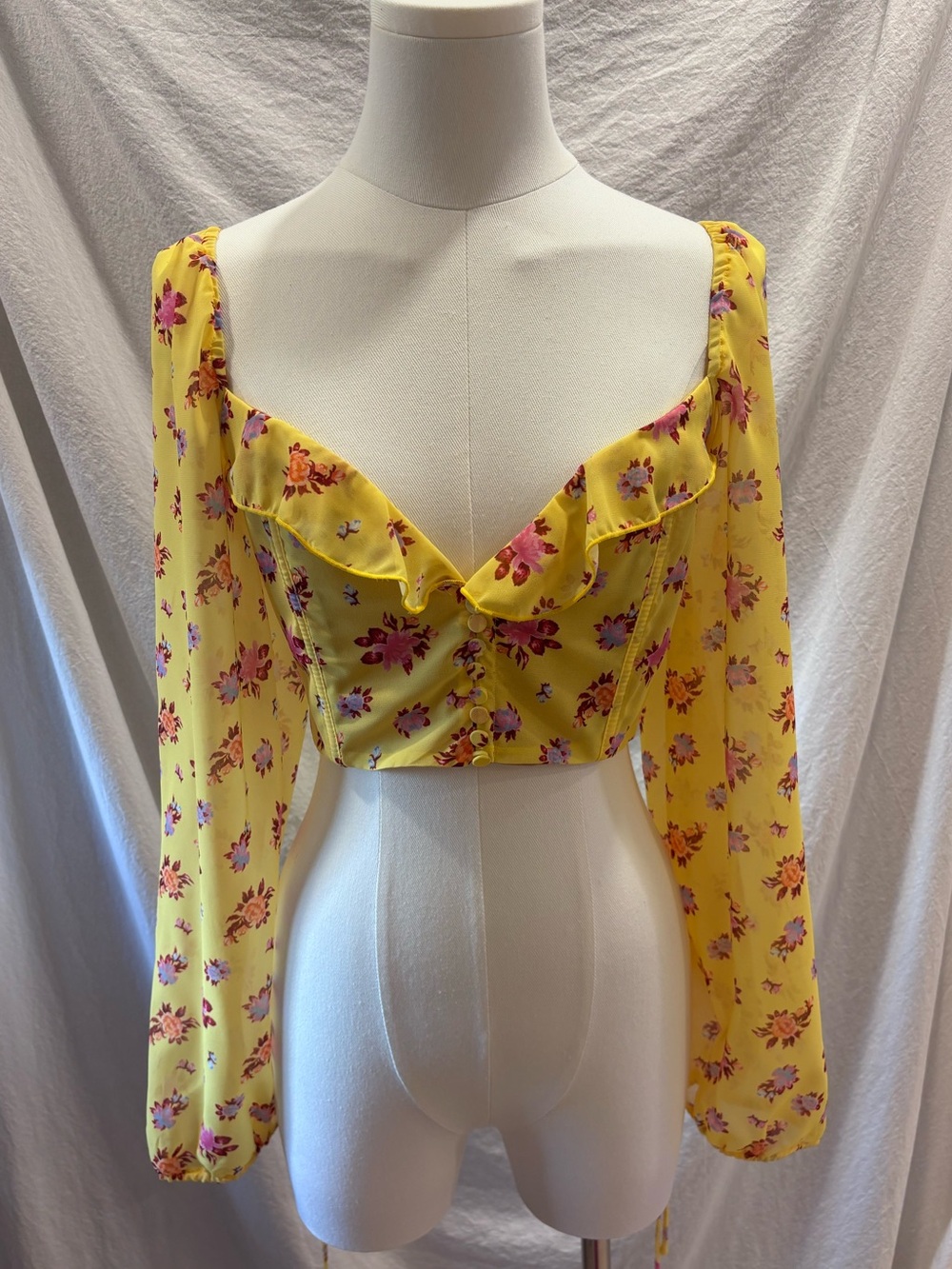 White Fox Boutique Yellow Floral Bustier Crop Top Ruffle Chest Long Sleeve Large